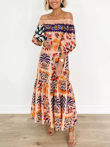 Aurohaya Retro Island Lover Printed Off The Shoulder Pocketed Flowy Midi Dress Multicolor