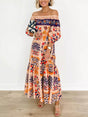 Aurohaya Retro Island Lover Printed Off The Shoulder Pocketed Flowy Midi Dress Multicolor