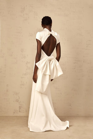 Aurohaya Camille White Statement Bow Mermaid Maxi Dress