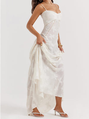 Aurohaya Vintage Cream Floral Lace Back Maxi Dress