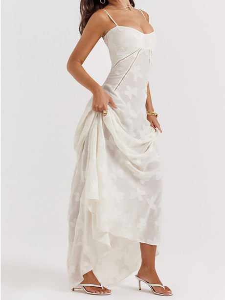 Aurohaya Vintage Cream Floral Lace Back Maxi Dress