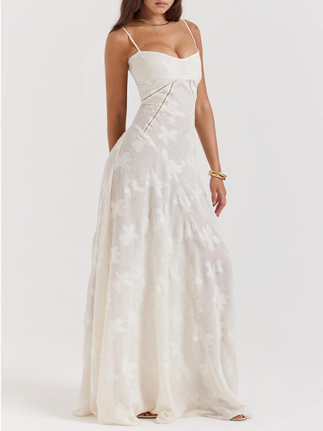 Aurohaya Vintage Cream Floral Lace Back Maxi Dress