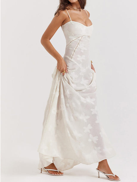 Aurohaya Vintage Cream Floral Lace Back Maxi Dress