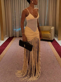 Mesh Pleated Hip-Wrap Tassel Maxi Dress