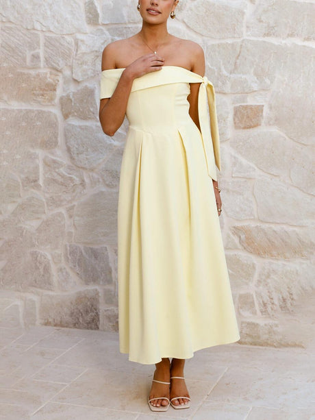 Aurohaya Elegant Off-Shoulder Tie Ruched Midi Dress