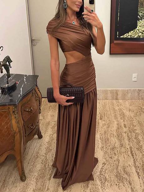 Aurohaya Unique Off-shoulder Waist Hollow Maxi Dress Brown