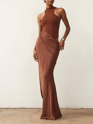 Aurohaya Slim-fit Stitching Hollow-out Maxi Dress Brown