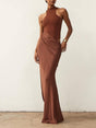 Aurohaya Slim-fit Stitching Hollow-out Maxi Dress Brown