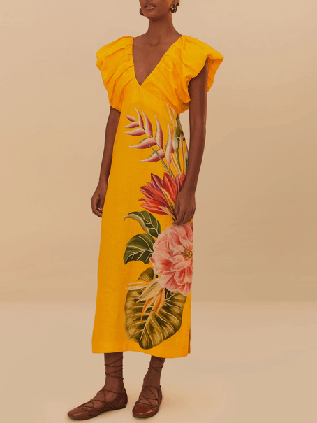 Aurohaya V-neck Pleated Print Dress Yellow