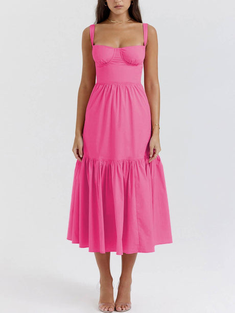 Aurohaya Strap Solid Color A-Hem Midi Dress