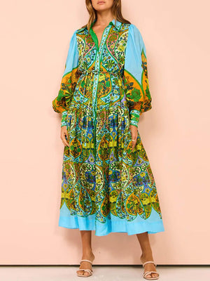 Aurohaya Ethnic Print Cardigan Lace-Up Lapel Long-Sleeved Dress