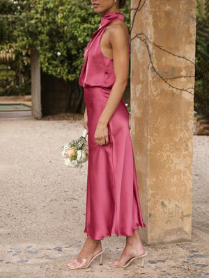 Aurohaya Unique Bridesmaid Sleeveless High Neck Midi Dresses