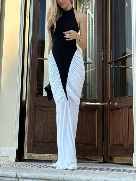 Aurohaya Unique Design Black And White Contrast Color Dress