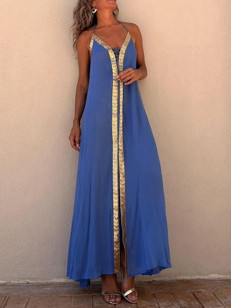 Aurohaya Halter Neck Casual Resort Maxi Dress Blue