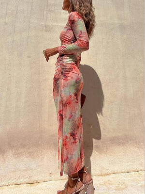 Aurohaya Charm Lady Mesh Overlay Tie Dye Print Long Sleeve Ruched Stretch Midi Dress