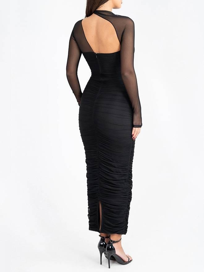 Aurohaya Mesh Backless Pleated Maxi Dress