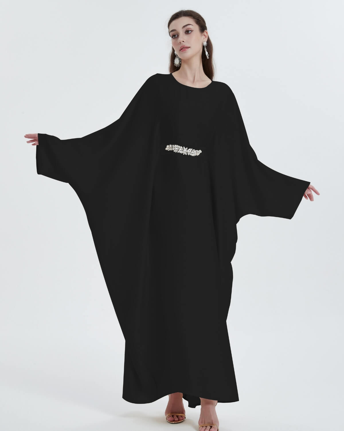Elegant Satin Maxi Butterfly Abaya Crystal-Embellished Modest Dress