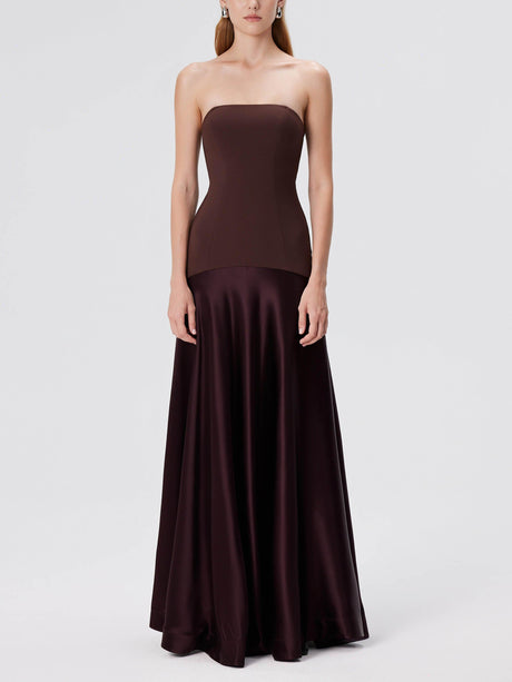 Aurohaya Elegant Satin One-Shoulder A-Line Maxi Dress Brown
