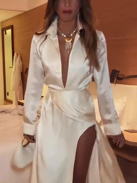 Aurohaya Elegant Deep V Neck Satin Long Sleeve Pleated Maxi Dress