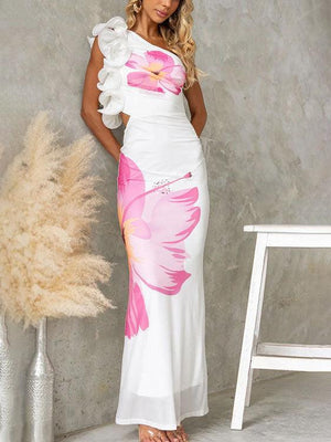 Aurohaya Fashion One Shoulder Floral Print Fitted Maxi Dress White