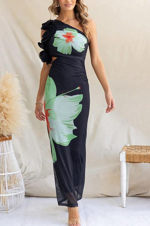 Aurohaya Fashion One Shoulder Floral Print Fitted Maxi Dress Black