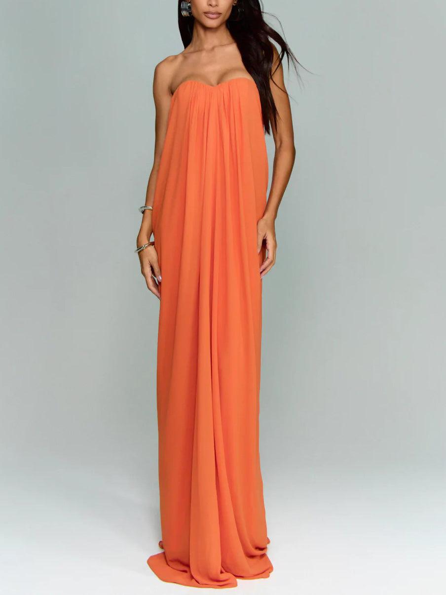 Aurohaya Elegant Strapless A-Line Pleated Maxi Dress Orange