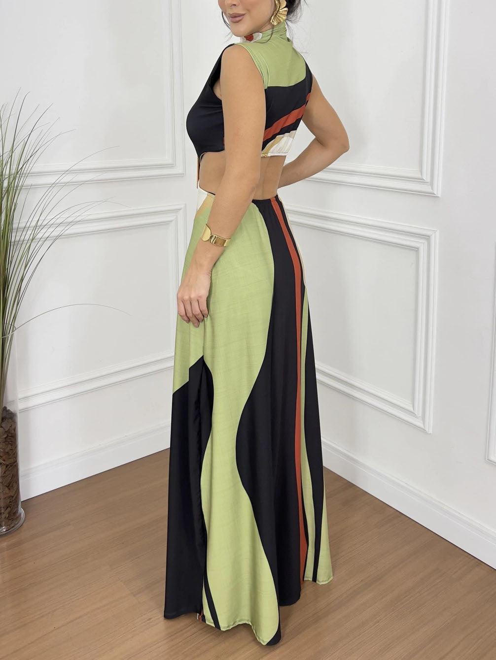 Aurohaya Elegant Abstract Floral Print Cutout Dress