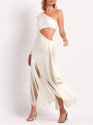 Aurohaya Stunning Cutout Fringe Maxi Dress Cream
