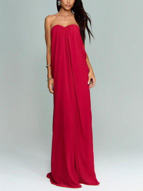 Aurohaya Elegant Strapless A-Line Pleated Maxi Dress Red