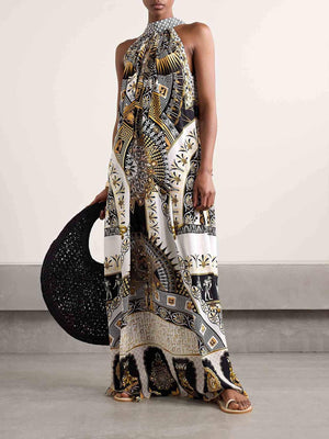 Aurohaya Unique Retro Gorgeous Pattern Print Maxi Dress Multi