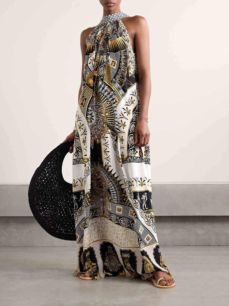 Aurohaya Unique Retro Gorgeous Pattern Print Maxi Dress Multi