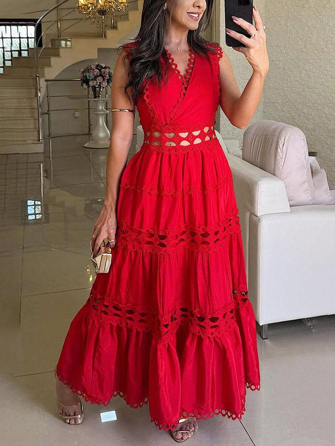 Aurohaya Vintage Sleeveless Lace Embroidered Hollow Maxi Dress Red