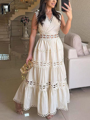 Aurohaya Vintage Sleeveless Lace Embroidered Hollow Maxi Dress Apricot