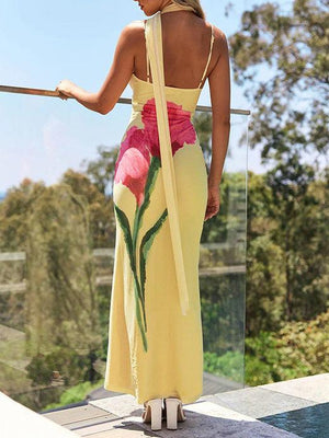 Aurohaya Elegant Painted Flower Print Scarf Ribbon Maxi Dress