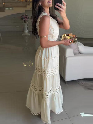 Aurohaya Vintage Sleeveless Lace Embroidered Hollow Maxi Dress