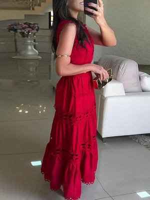 Aurohaya Vintage Sleeveless Lace Embroidered Hollow Maxi Dress