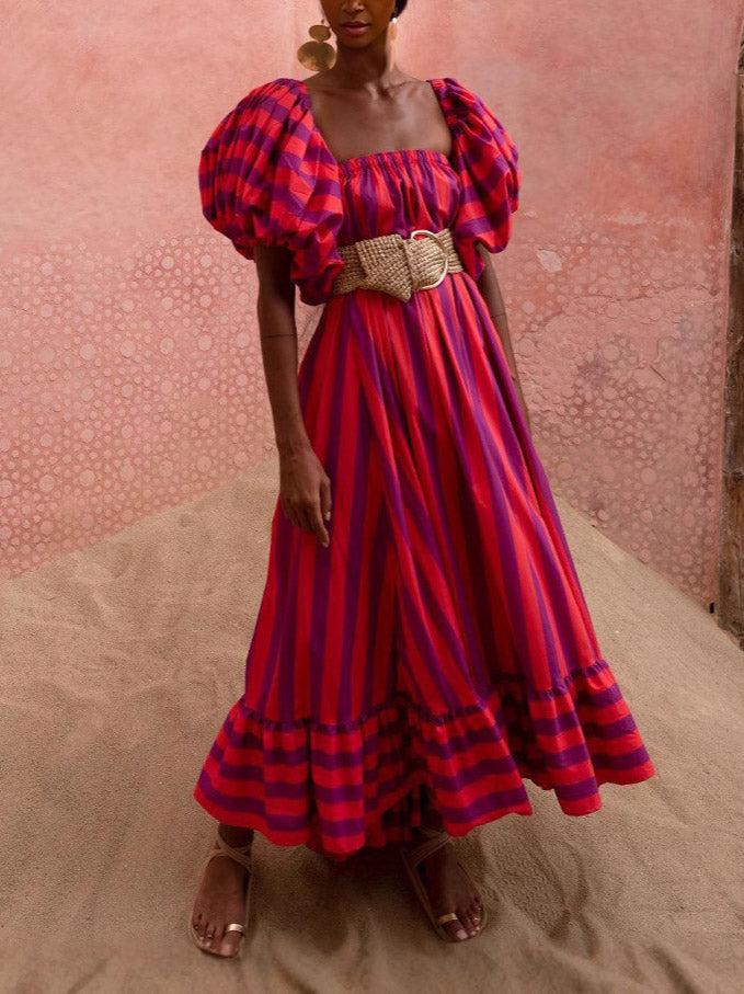 Aurohaya Stunning Unique Stripe Print Puff Sleeve Maxi Dress Pink