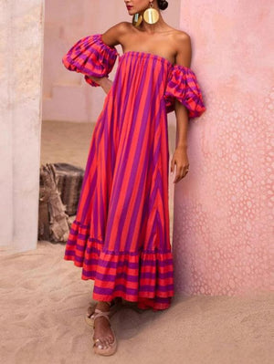Aurohaya Stunning Unique Stripe Print Puff Sleeve Maxi Dress
