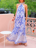 Elegant Halterneck Celadon Print Maxi Dress