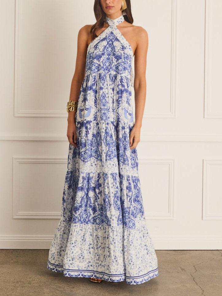 Aurohaya Elegant Halterneck Celadon Print Maxi Dress
