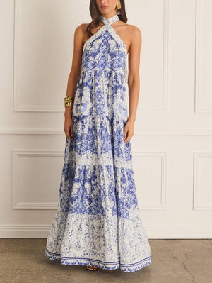 Aurohaya Elegant Halterneck Celadon Print Maxi Dress
