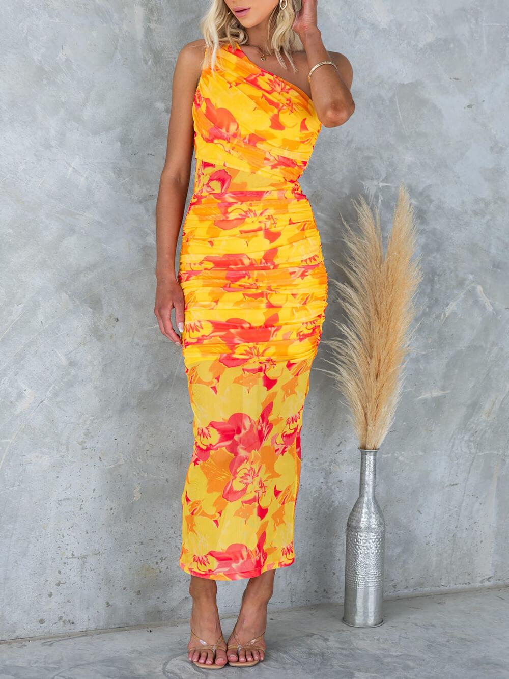 Aurohaya Mesh Overlay Printed One Shoulder Ruched Stretch Maxi Dress