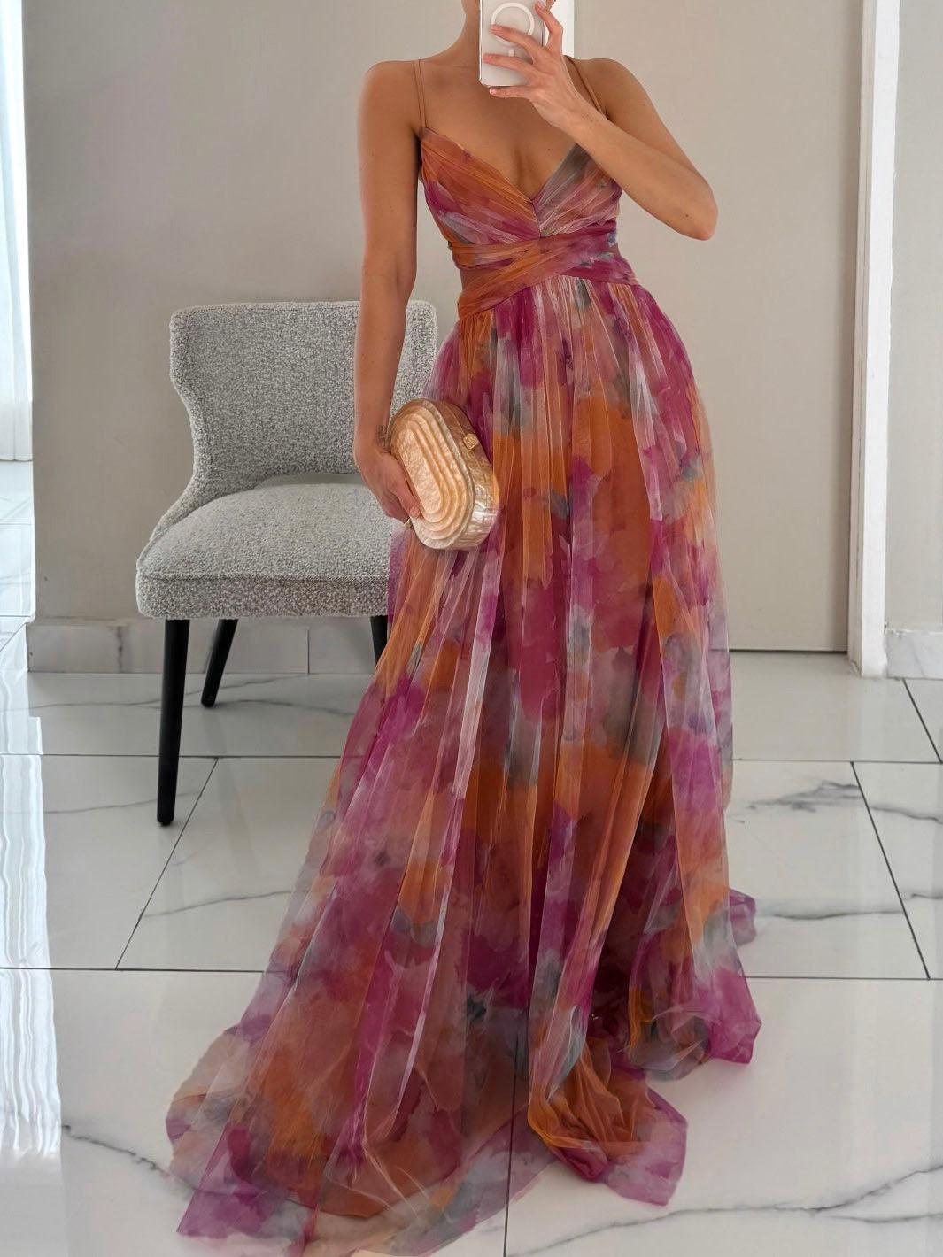 Aurohaya Elegant Painted Floral Print V-Neck A-Line Maxi Dress Multicolor