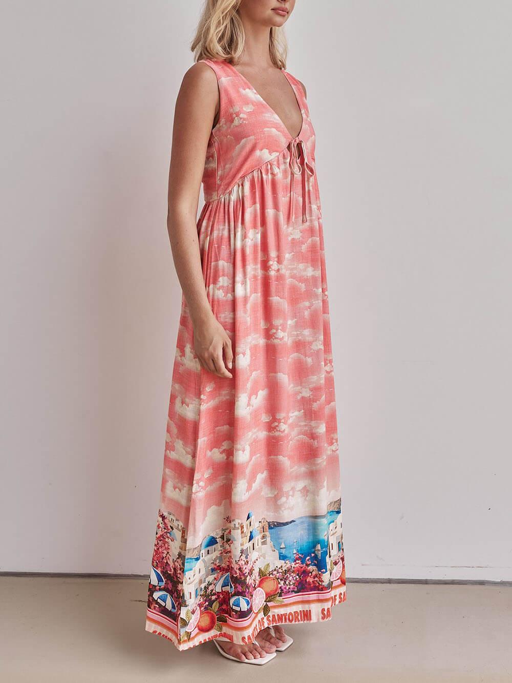 Aurohaya Unique Ink-Print V-Neck Lace-Up Loose-Fitting A-Line Maxi Dress