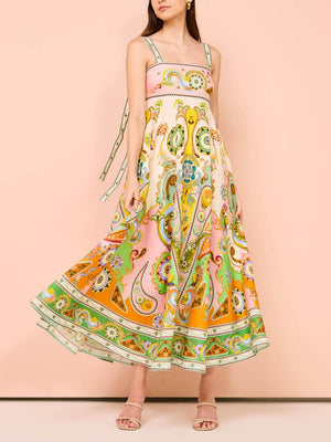Aurohaya Camisole Unique Holiday Print Midi Dress Multi-Color