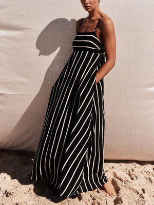 Aurohaya Classic Stripe Printed Stitching Loose Maxi Dress