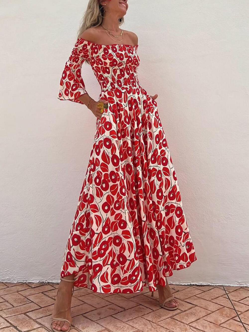 Aurohaya Floral Print Smocked Off Shoulder Pocketed Maxi Dress