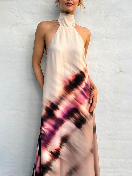 Aurohaya Unique Tie-Dye Printed Halterneck Lace Up Backless Maxi Dress