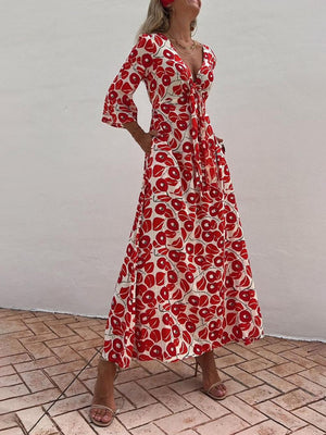 Aurohaya Vacation Floral Print Smocked Off Shoulder Pocketed Maxi Dress Red