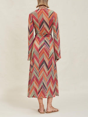 Aurohaya Beach Resort Geometric Print Bell Sleeve Cardigan Midi Dress
